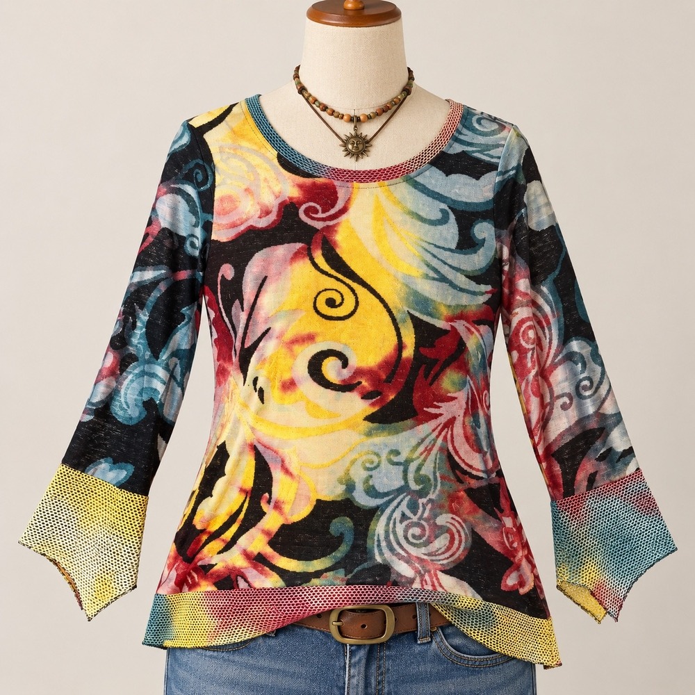 Whimsygoth Velvet Burnout Mesh Top Sz S Artsy Colorful Boho Y2K Art to Wear